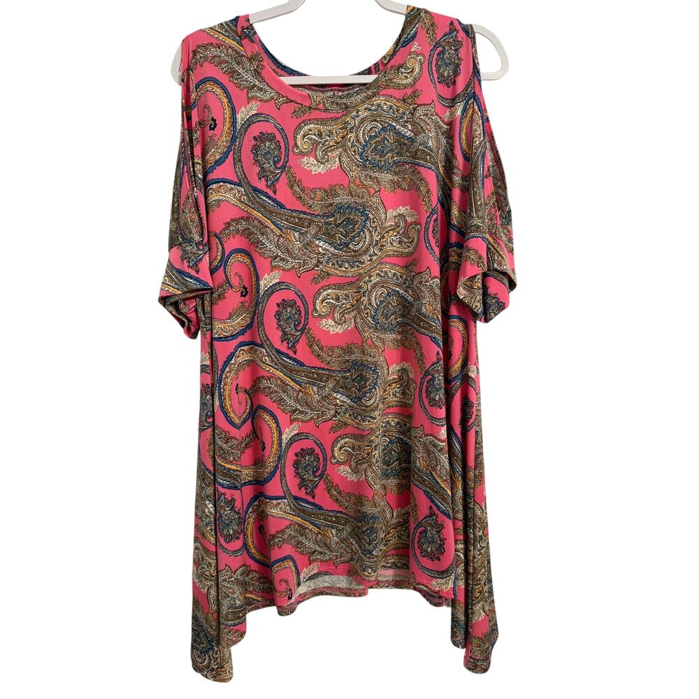 Womens XL Boho Pink Paisley Short Cold Shoulder Oversized Slinky Tunic Top XL